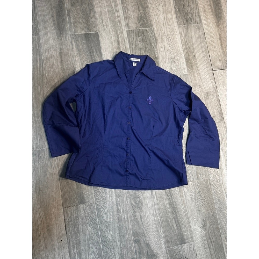 Port Authority Blue Fleur-de-Lis Button Down Shirt Womens 3XL Long Sleeve Poplin